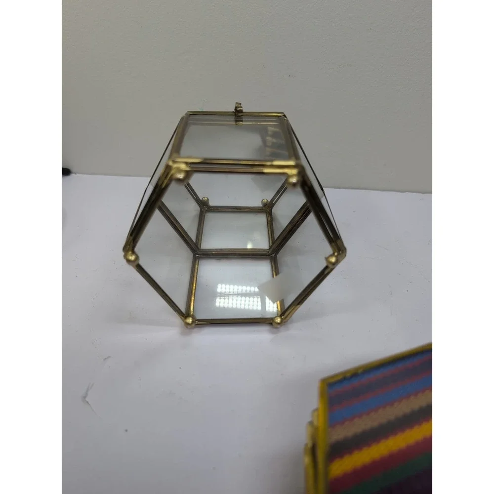 Elegant Glass Coasters In‎ Glass & Brass Case Multicolor Patchwork Set Of 6